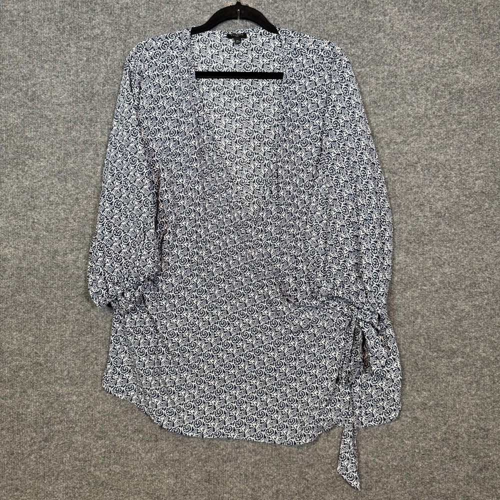 Talbots Shirt Womens 2XL XXL Blue Wrap Top 3/4‎ Sleeve Stretch Floral Plus Size